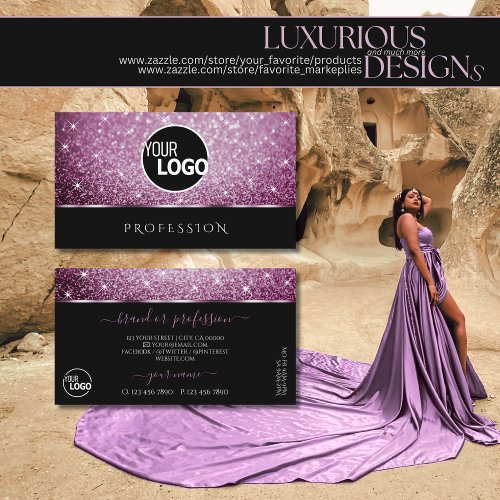 Black and Purple Glitter Luminous Stars add Logo Business Card