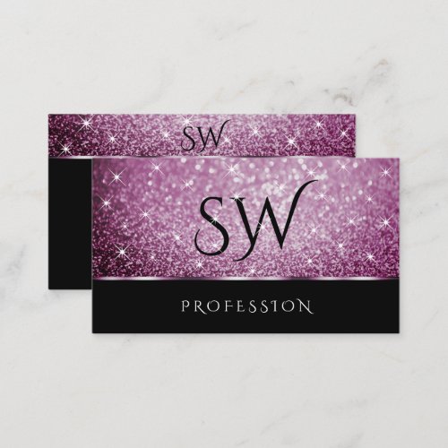 Black and Purple Glitter Luminous Stars Monogram  Business Card