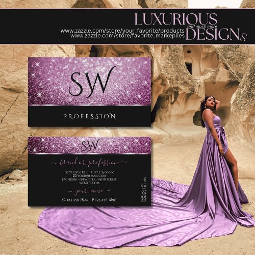 Black and Purple Glitter Luminous Stars Monogram Business Card