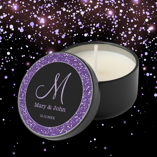 Black And Purple Glitter Monogram Wedding Mini Candle Favors (Creator Uploaded)