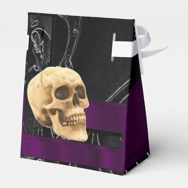 Black and purple gothic damask and skull wedding favor boxes (Back Side)