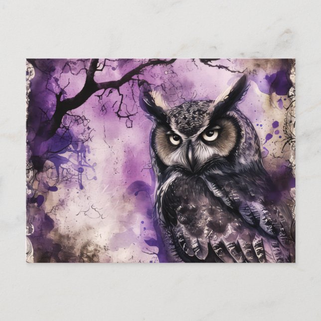 Black and Purple Gothic Owl Halloween Holiday Postcard (Front)