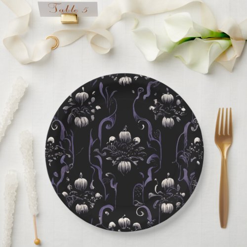 Black and Purple Gothic Pattern 5  Paper Plate