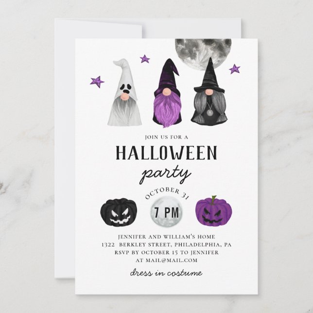 Black and purple Halloween party. Gnomes & pumpkin Invitation (Front)