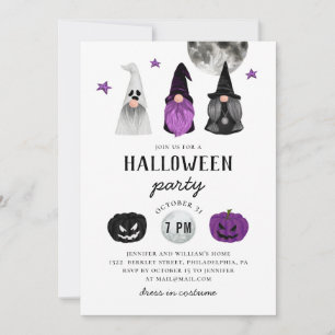 Black and purple Halloween party. Gnomes & pumpkin Invitation