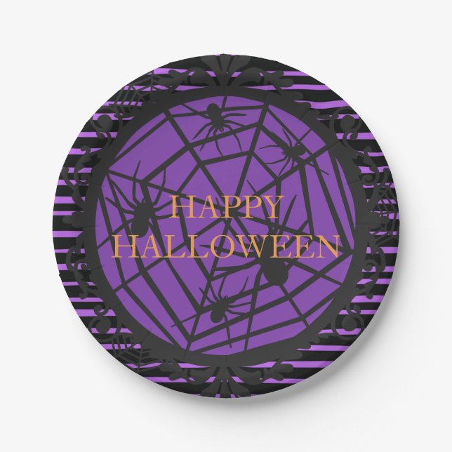 Black and Purple Happy Halloween Spooky Spiderweb Paper Plates (Front)