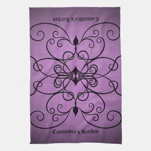Black and purple hearts and swirls personalized towel (Vertical)