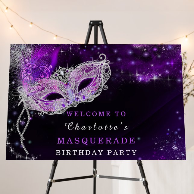 Black and Purple Masquerade Party Welcome Foam Board (In Situ (Stand))