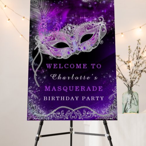Black and Purple Masquerade Party Welcome  Sign
