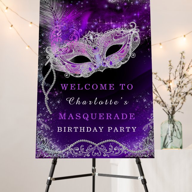 Black and Purple Masquerade Party Welcome  Sign (In Situ (Stand))