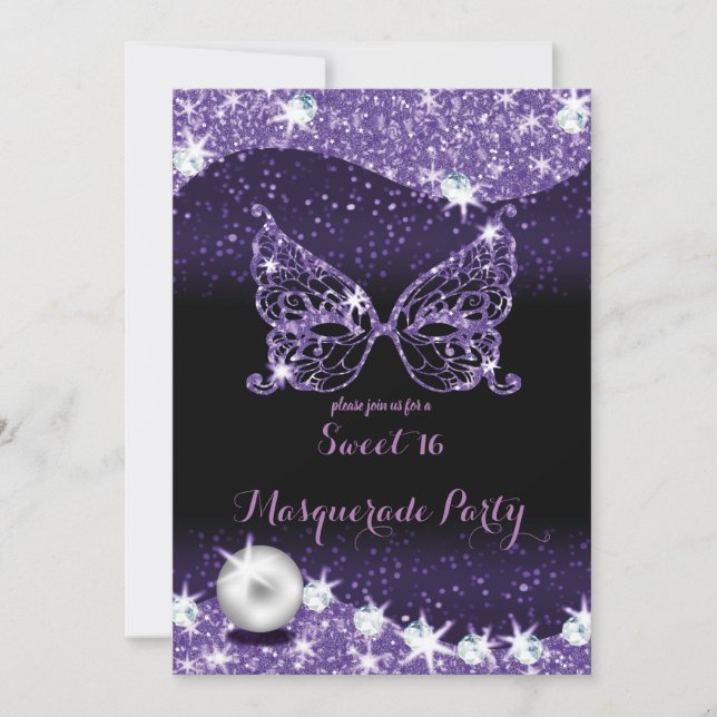 black and purple masquerade sweet 16 glitter invitation (Front)