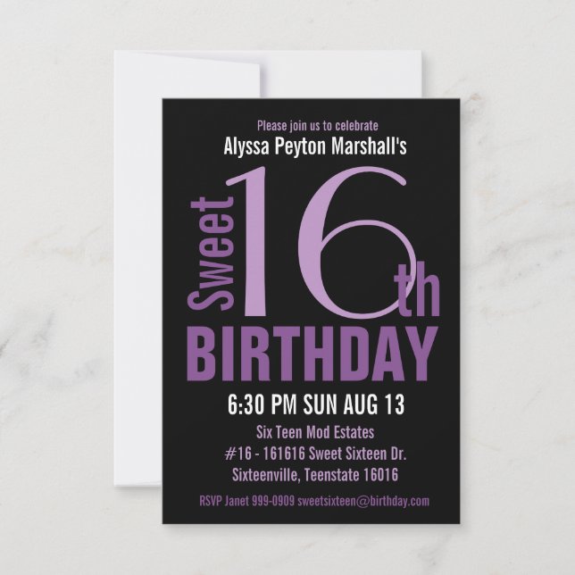 Black and Purple Modern Text Sweet 16th Party Invitation (Front)