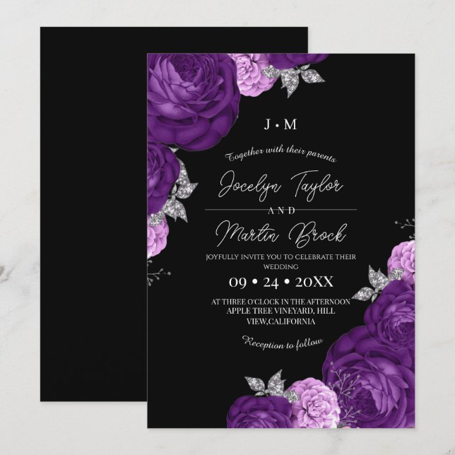 Black and Purple Modern & Whimsical Flora Wedding  Invitation (Front/Back)
