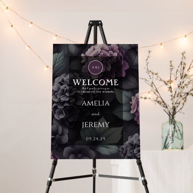 Black and Purple Moody Floral Welcome Sign (In Situ (Stand))