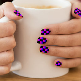 Black and Purple Pink Checkered Nail Art