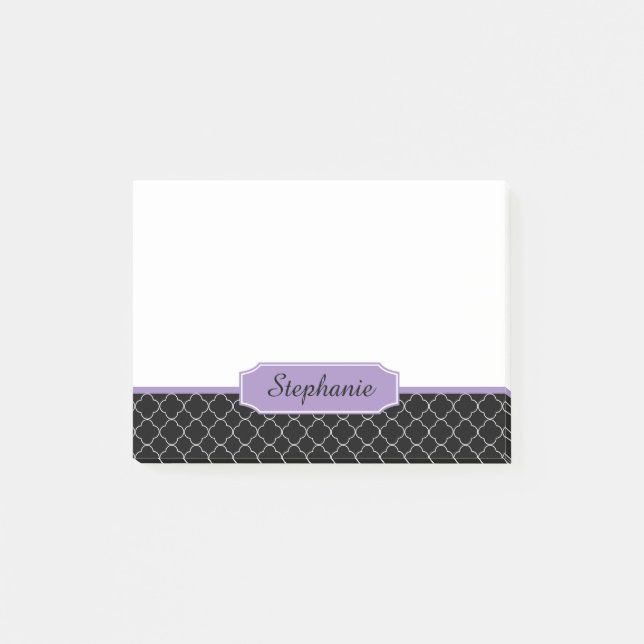 Black and Purple Quatrefoil Monogram Post-it Notes (Front)