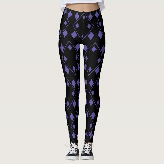 Black and Purple Random Harlequin Shapes Pattern Leggings (Front)