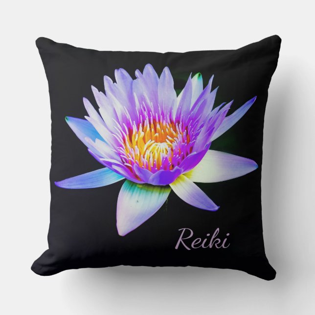 Black and Purple Reiki Lotus Flower Throw Pillow (Front)
