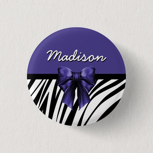 Black and Purple Ribbon Bow Zebra Print Button (Front)