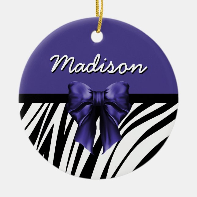 Black and Purple Ribbon Bow Zebra Print Ceramic Ornament (Front)