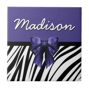 Black and Purple Ribbon Bow Zebra Print Ceramic Tile