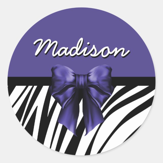 Black and Purple Ribbon Bow Zebra Print Classic Round Sticker (Front)