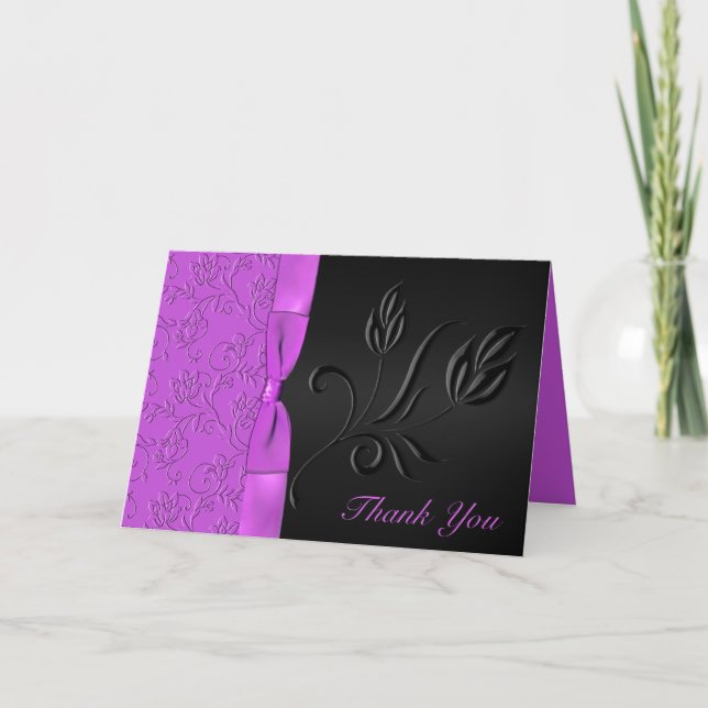 Black and Purple Satin Ribbon Thank You Card (Front)