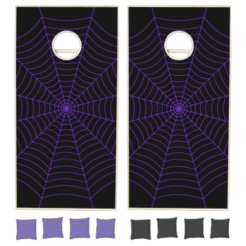 Black and purple spider web Halloween pattern Cornhole Set