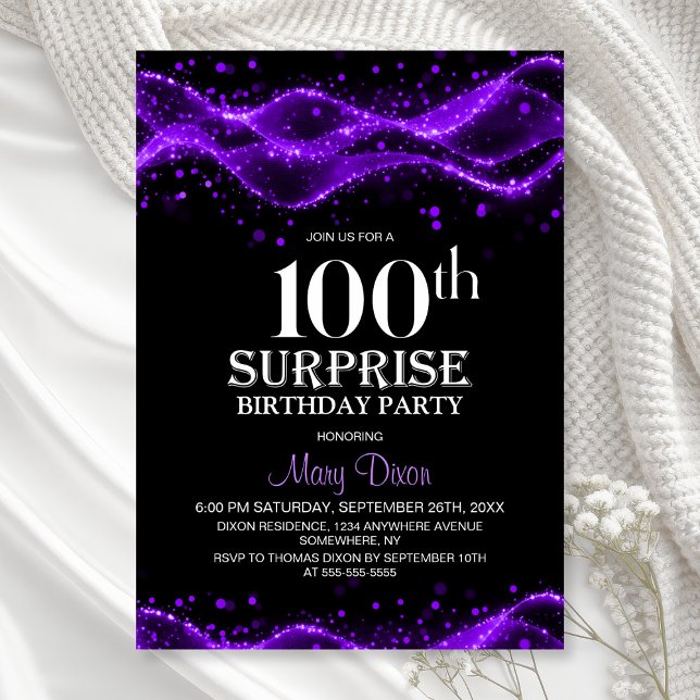 Black and Purple Surprise 100th Birthday Party Invitation (Creator Uploaded)