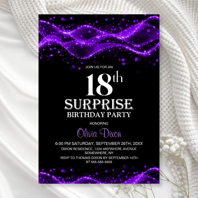 Black and Purple Surprise 18th Birthday Party Invitation (Creator Uploaded)