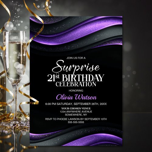 Black and Purple Surprise 21st Birthday Party