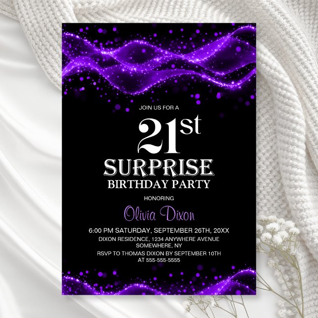 Black and Purple Surprise 21st Birthday Party Invitation (Creator Uploaded)