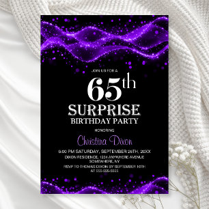 Black and Purple Surprise 65th Birthday Party Invitation
