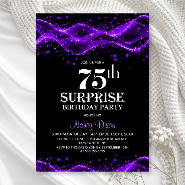 Black and Purple Surprise 75th Birthday Party Invitation (Creator Uploaded)