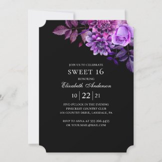 Black and purple Sweet 16. Floral 16th birthday Invitation