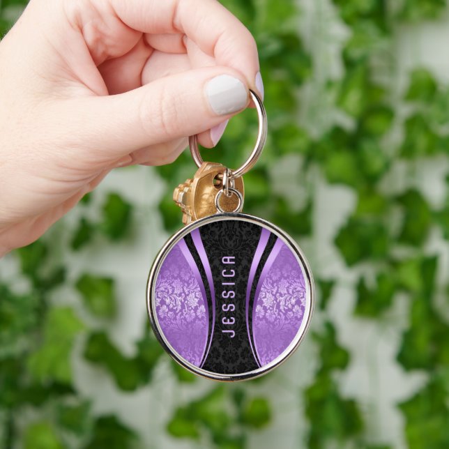 Black And Purple Tones Floral Damasks Keychain (Hand)