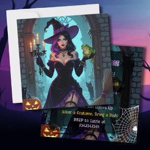 Black and Purple Witch & Frog Halloween Party Invitation
