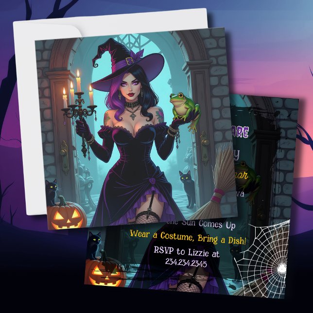 Black and Purple Witch & Frog Halloween Party Invitation (Creator Uploaded)