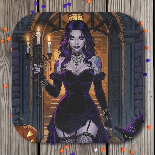 Black and Purple Witch with Candelabra Halloween Paper Plates