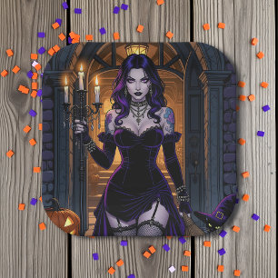 Black and Purple Witch with Candelabra Halloween Paper Plates