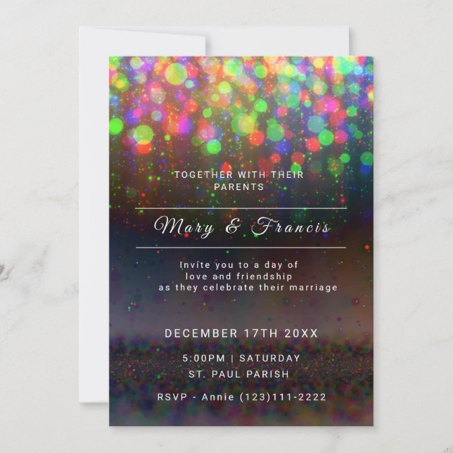 Black and Rainbow Lights and Glitter Wedding  Invitation (Front)