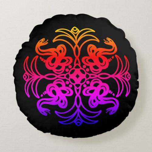 Black and Rainbow Tribal Snake Mandala   Round Pillow