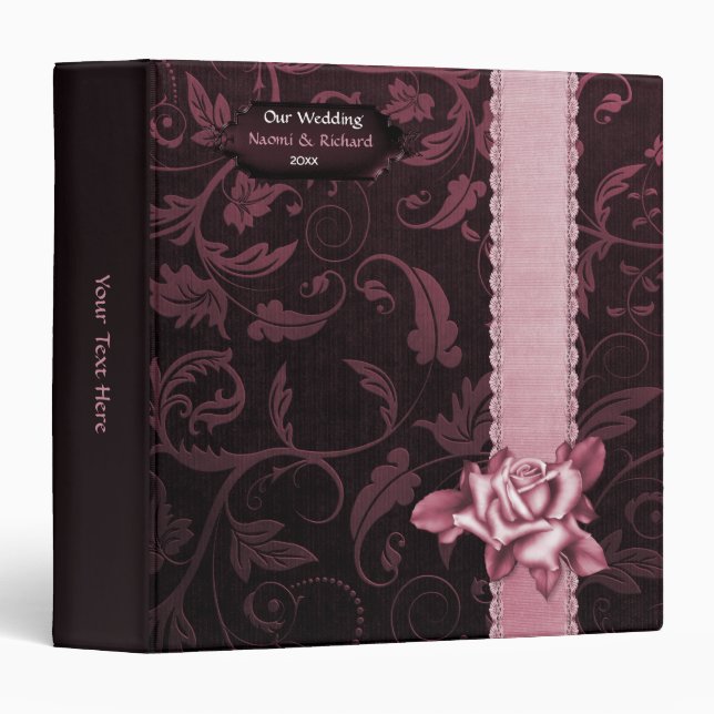 Black and Raspberry Damask  Photo Album Planner 3 Ring Binder (Front/Spine)