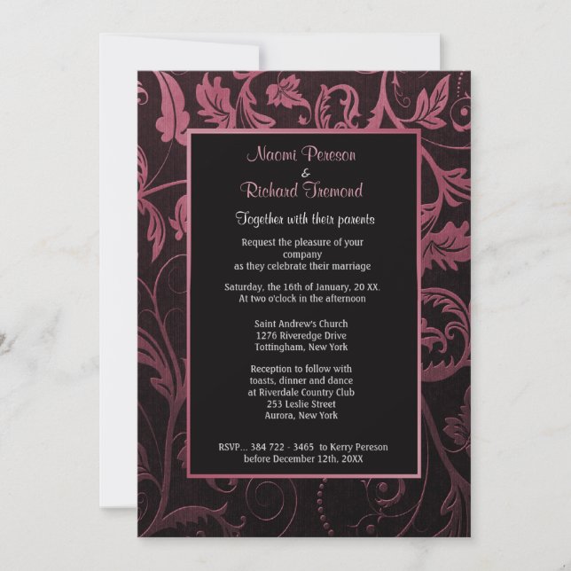 Black and Raspberry Damask Wedding Invitation (Front)