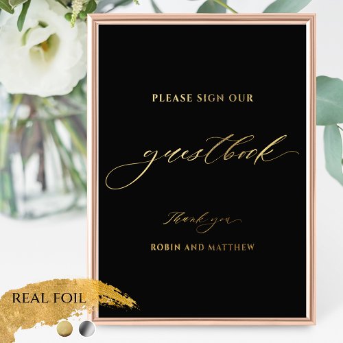 Black and Real Foil Script Wedding Guestbook Sign