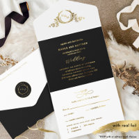Black and Real Gold Foil Elegant Monogram Wedding