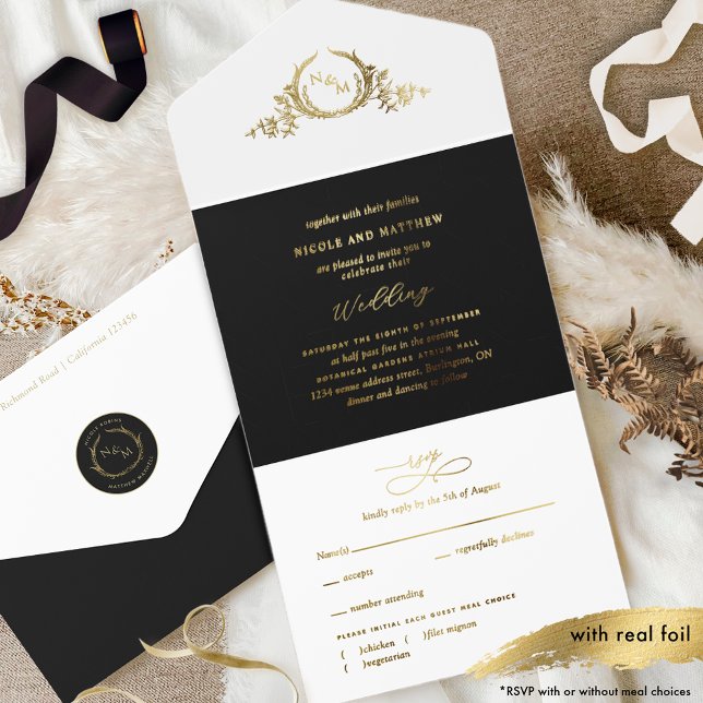 Black and Real Gold Foil Elegant Monogram Wedding All In One Invitation (Creator Uploaded)