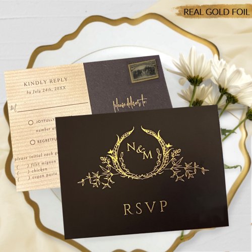 Black and Real Gold Foil Wedding RSVP Postcard