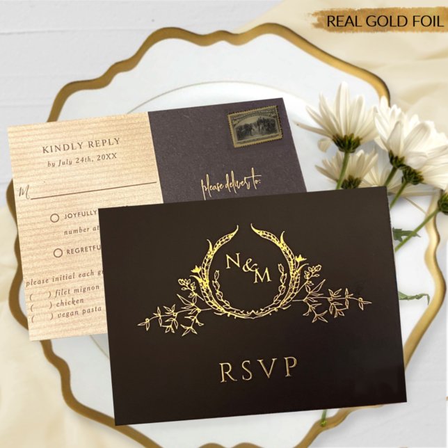 Black and Real Gold Foil Wedding RSVP Postcard (Creator Uploaded)