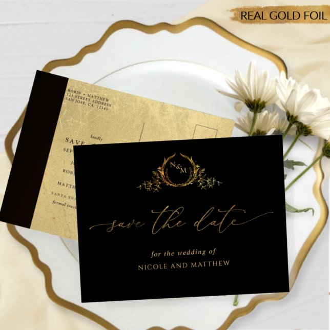 Black and Real Gold Foil Wedding Save The Date Invitation Postcard (Creator Uploaded)